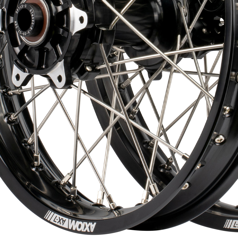 Axiom KTM / Husqvarna / Gas Gas 690-700-701 "Cush Drive" Black Rim / Black Hub 21x1.85/18x2.50 Complete Wheel Set