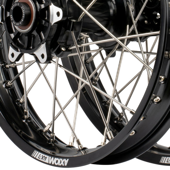 Axiom KTM / Husqvarna / Gas Gas 690-700-701 "Cush Drive" Black Rim / Black Hub 21x1.85/18x2.50 Complete Wheel Set