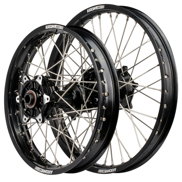 Axiom KTM / Husqvarna / Gas Gas 2003-24 "Cush Drive" Black Rim / Black Hub 21x1.6/18x2.15 Complete Wheel Set