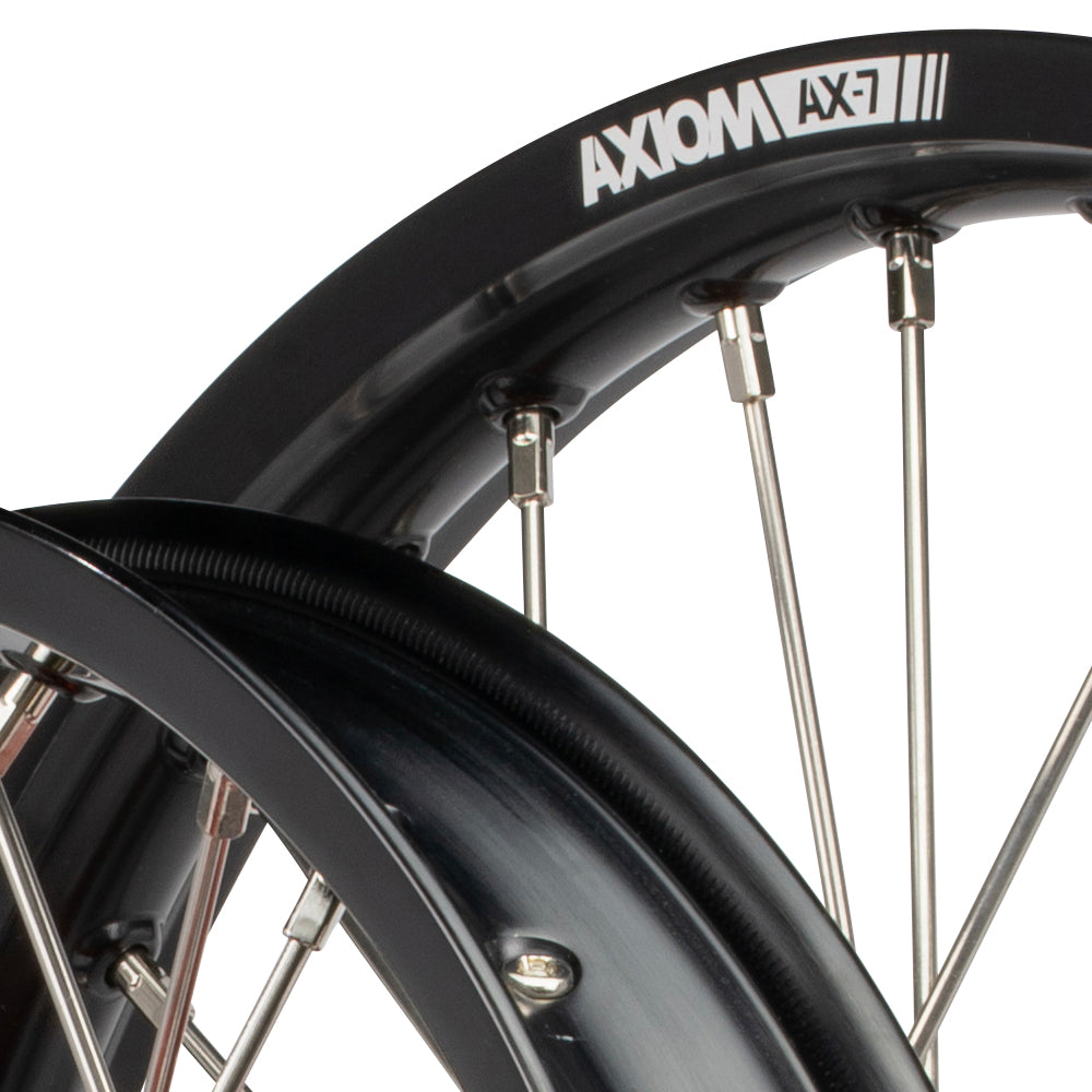 Axiom KTM / Husqvarna / Gas Gas 690-700-701 "Cush Drive" Black Rim / Orange Hub 21x1.85/18x2.50 Complete Wheel Set