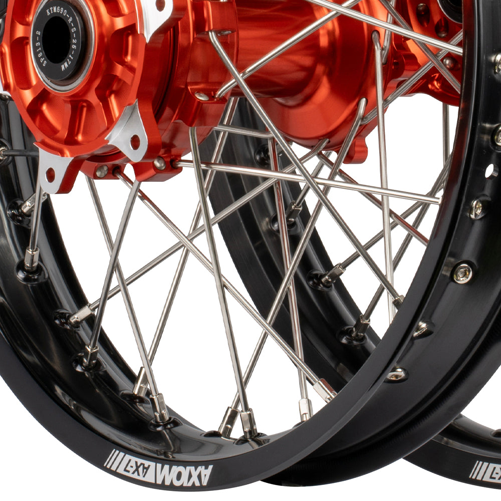 Axiom KTM / Husqvarna / Gas Gas 690-700-701 "Cush Drive" Black Rim / Orange Hub 21x1.85/18x2.50 Complete Wheel Set