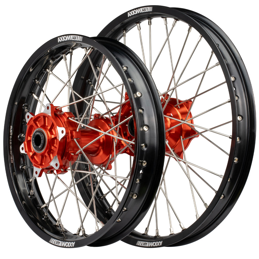 Axiom KTM / Husqvarna / Gas Gas 690-700-701 "Cush Drive" Black Rim / Orange Hub 21x1.6/18x2.15 Complete Wheel Set