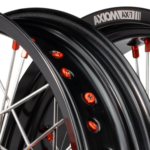 Axiom KTM / Husqvarna / GasGas "Cush Drive" Black Rim / Orange Hub / Orange Nipples 17x3.5/4.25 Supermoto Wheels