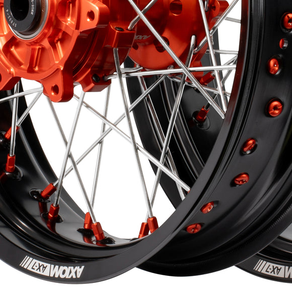 Axiom KTM / Husqvarna / Gas Gas 690-700-701 "Cush Drive" Black Rim / Orange Hub 17x3.5/4.25 Supermoto Wheels