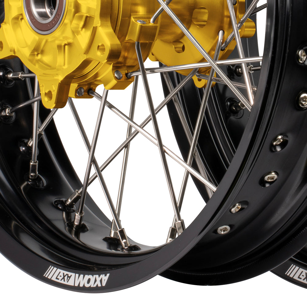 Axiom Suzuki DRZ400E 2000-24 "Cush Drive" Black Rim / Gold Hub / Black NIpples 17x3.5/4.25 Supermoto Wheels