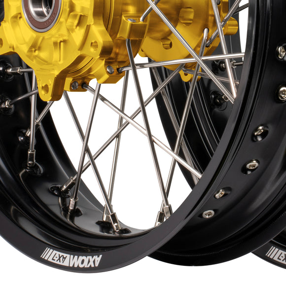 Axiom Suzuki DRZ400E 2000-24 "Cush Drive" Black Rim / Gold Hub / Black NIpples 17x3.5/4.25 Supermoto Wheels