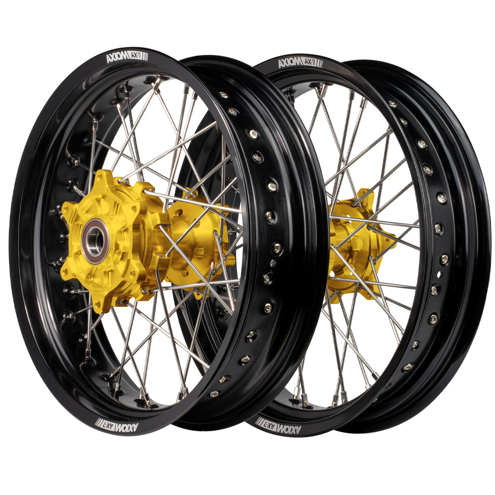 Axiom Suzuki DRZ400E 2000-24 "Cush Drive" Black Rim / Gold Hub / Black NIpples 17x3.5/4.25 Supermoto Wheels