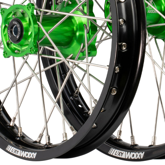 Axiom Kawasaki KX85 2001-24 BW Black Rim / Green Hub 19x1.6/16x1.85 Complete Wheel Set