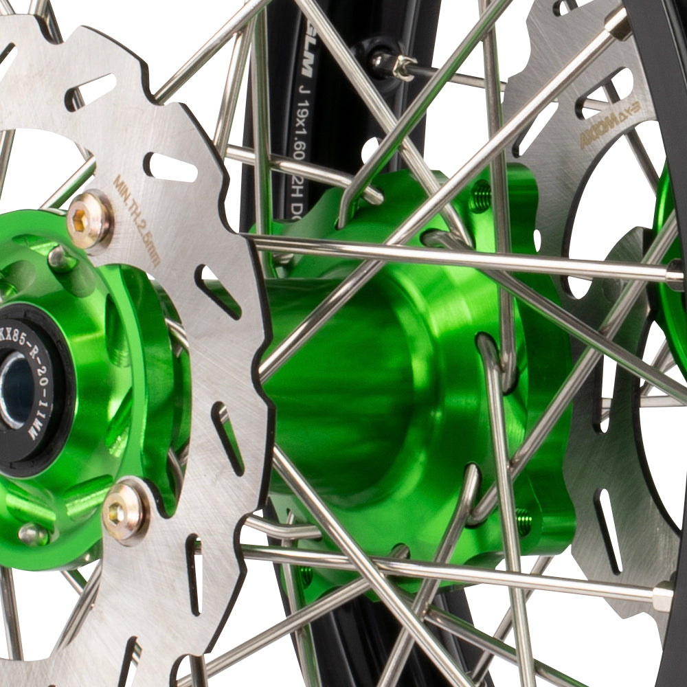 Axiom Kawasaki KX85 2001-24 BW Black Rim / Green Hub 19x1.6/16x1.85 Wheel Set with Discs