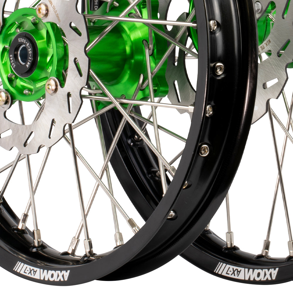 Axiom Kawasaki KX85 2001-24 BW Black Rim / Green Hub 19x1.6/16x1.85 Wheel Set with Discs