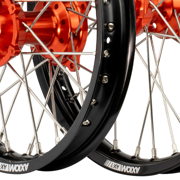 Axiom KTM / Husqvarna / Gas Gas 85cc SW 2021-24 Black Rim / Orange Hub 17x1.4/14x1.60 Complete Wheel Set
