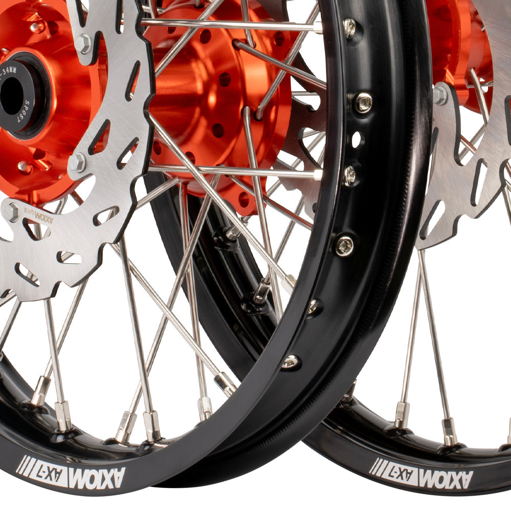 Axiom Wheel Kit 2025 KTM 85 SX / Husqvarna TC85 / Gas Gas MC85 19x1.6/16x1.85 Black/Orange With Discs