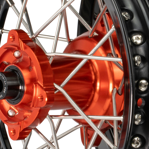 Axiom KTM / Husqvarna / Gas Gas 50cc 2014-23 Black Rim / Orange Hub 12x1.6/10x1.6 Complete Wheel set