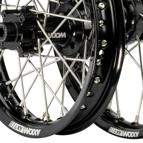 Axiom KTM / Husqvarna / Gas Gas 65cc 2012-24 Black Rim / Black Hub  14x1.6/12x1.6 Complete Wheel Set