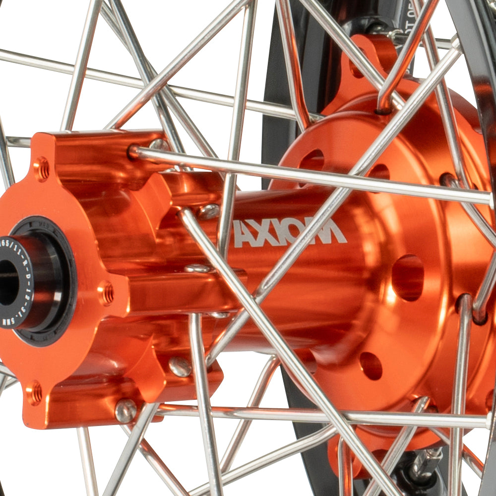 Axiom KTM / Husqvarna / Gas Gas 65cc 2012-24 Black Rim / Orange Hub  14x1.6/12x1.6 Complete Wheel Set