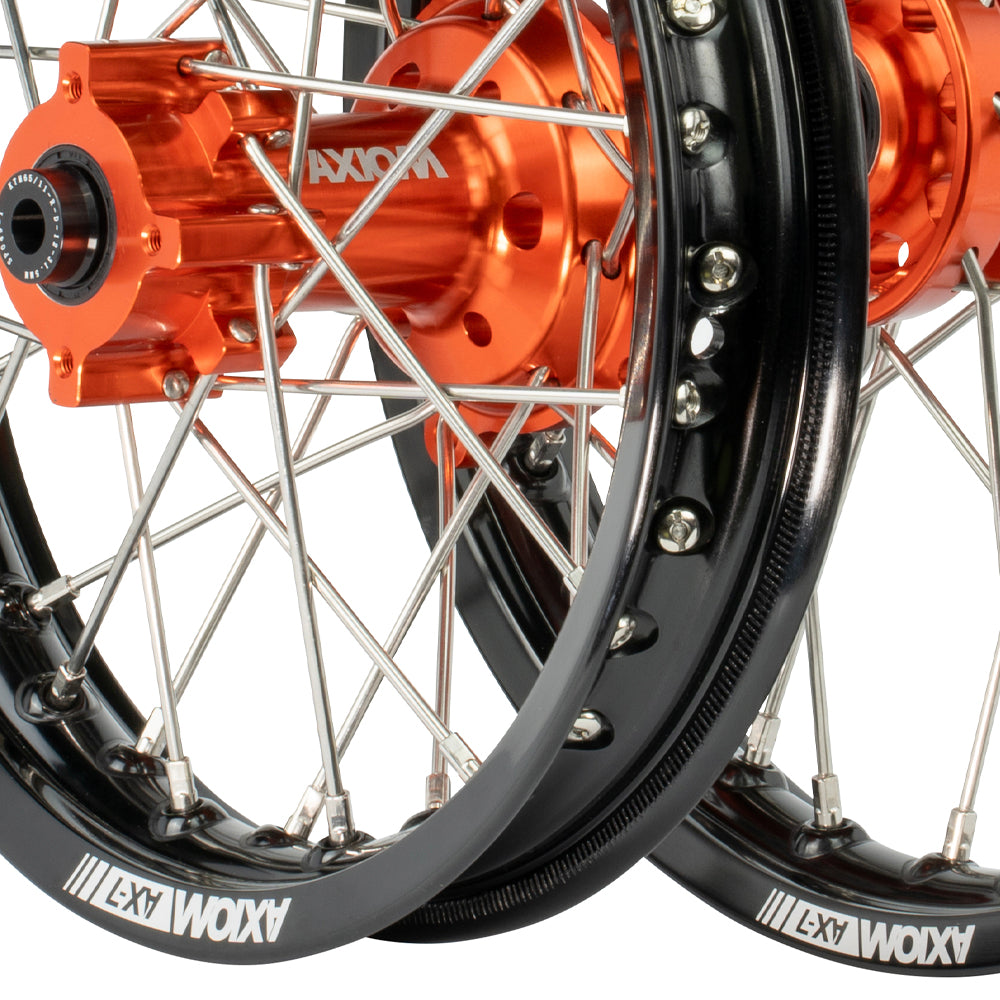 Axiom KTM / Husqvarna / Gas Gas 65cc 2012-24 Black Rim / Orange Hub  14x1.6/12x1.6 Complete Wheel Set