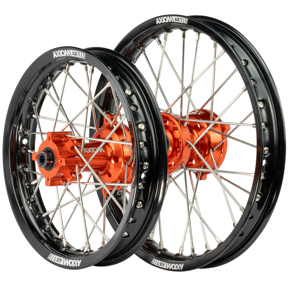 Axiom KTM / Husqvarna / Gas Gas 65cc 2012-24 Black Rim / Orange Hub  14x1.6/12x1.6 Complete Wheel Set