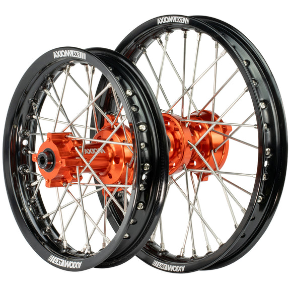 Axiom KTM / Husqvarna / Gas Gas 65cc 2012-24 Black Rim / Orange Hub  14x1.6/12x1.6 Complete Wheel Set