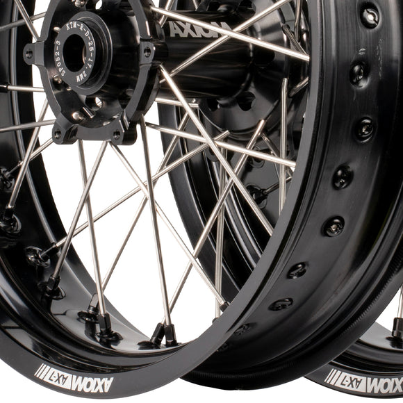 Axiom KTM / Husqvarna / Gas Gas 2003-24 Black Rim / Black Hub / Black Nipples 17x.3.5/17x4.25 Supermoto Wheels