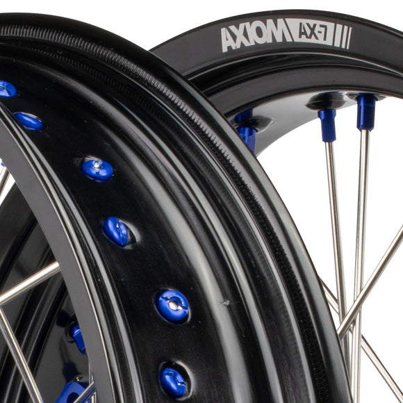 Axiom Yamaha WR250-450F 2019-24 "Cush Drive" Black Rim / Blue Hub / Blue Nipples 17x3.5/17x4.25 Supermoto Wheels