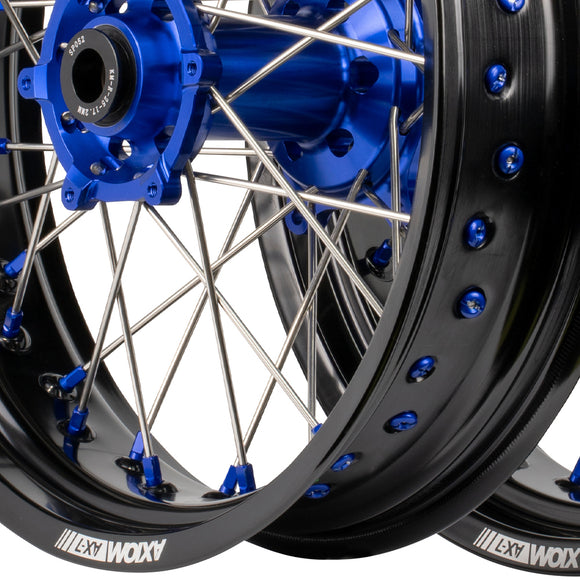 Axiom Yamaha WR250-450F 2019-24 "Cush Drive" Black Rim / Blue Hub / Blue Nipples 17x3.5/17x4.25 Supermoto Wheels