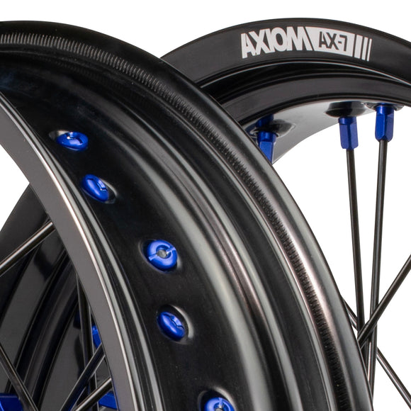 Axiom KTM / Husqvarna / Gas Gas 2003-24 Black Rim / Blue Hub / Black Spokes / Blue Nipples 17x.3.5/17x4.25 Supermoto Wheels