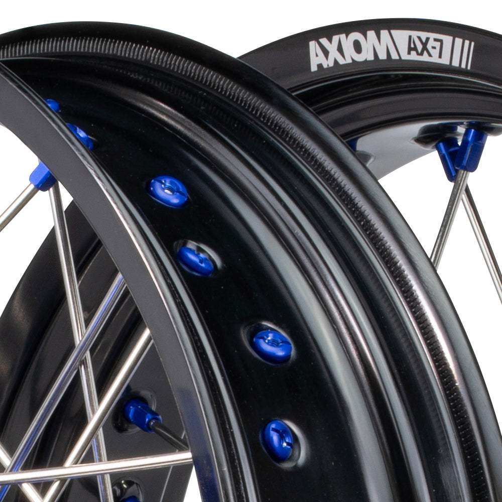 Axiom KTM / Husqvarna / Gas Gas 690-700-701 "Cush Drive" Black Rim / Blue Hub 17x3.5/4.25 Supermoto Wheels