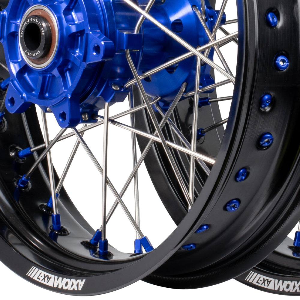 Axiom KTM / Husqvarna / Gas Gas 690-700-701 "Cush Drive" Black Rim / Blue Hub 17x3.5/4.25 Supermoto Wheels