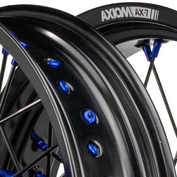 Axiom Yamaha WR250-450F 2019-24 "Cush Drive" Black Rim / Blue Hub/ Black Spoke / Blue Nipples 17x3.5/17x4.25 Supermoto Wheels