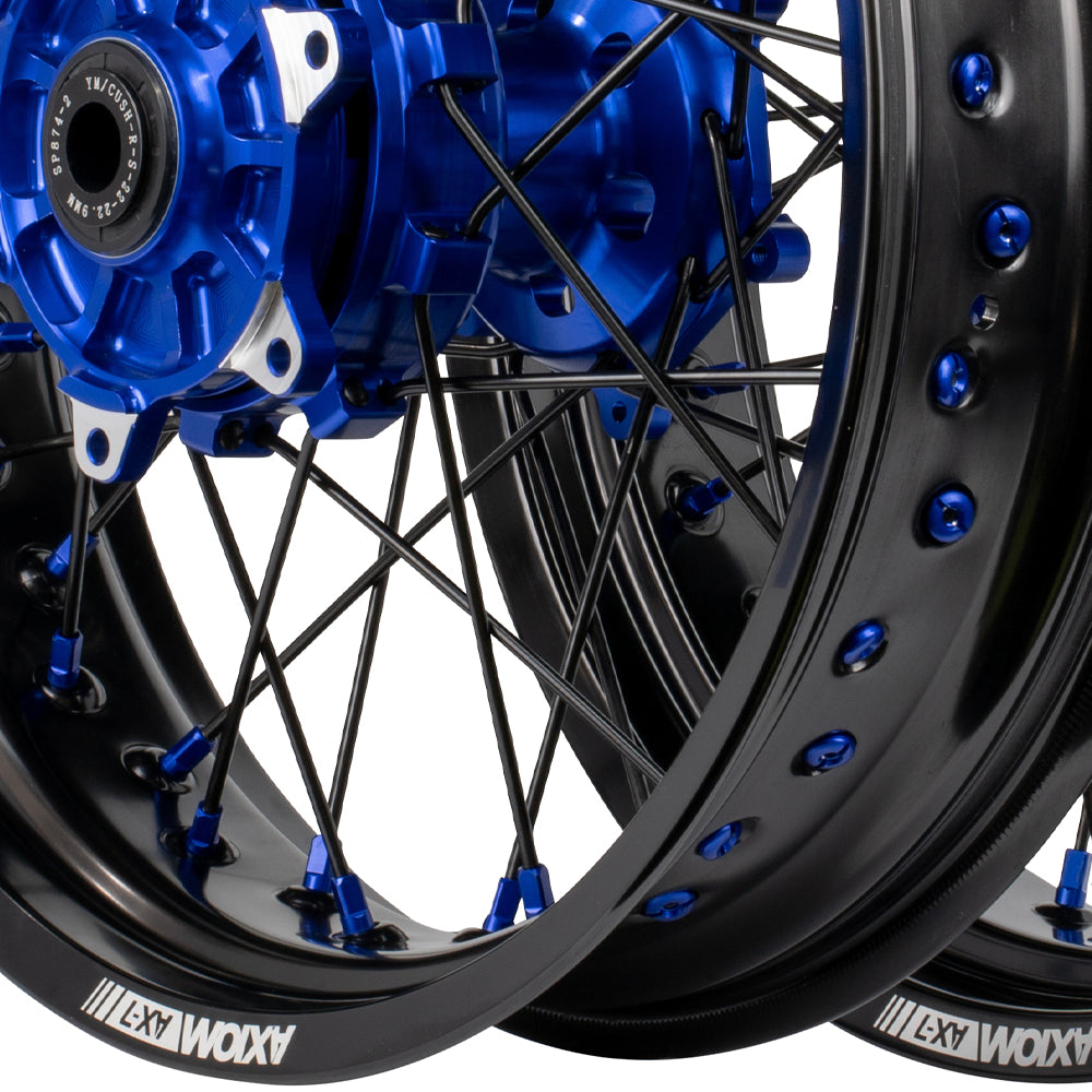 Axiom KTM / Husqvarna / GasGas "Cush Drive" Black Rim / Blue Hub / Black Spokes / Blue Nipples 17x.3.5/17x4.25 Supermoto Wheels
