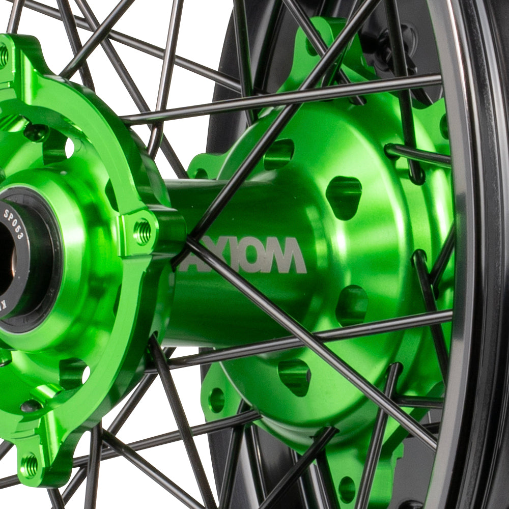 Axiom Kawasaki KLX450 Black Rim / Green Hub / Black Spokes / Black Nipples 17x3.5/17x4.25 Supermoto Wheels