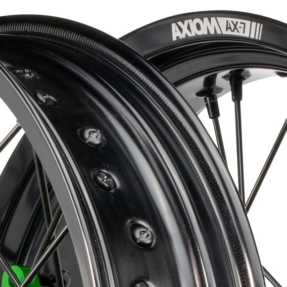 Axiom Kawasaki KLX450 Black Rim / Green Hub / Black Spokes / Black Nipples 17x3.5/17x4.25 Supermoto Wheels