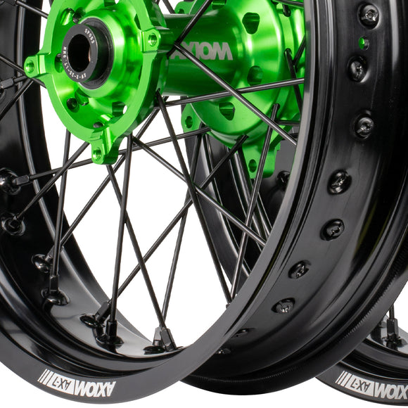 Axiom Kawasaki KLX450 Black Rim / Green Hub / Black Spokes / Black Nipples 17x3.5/17x4.25 Supermoto Wheels