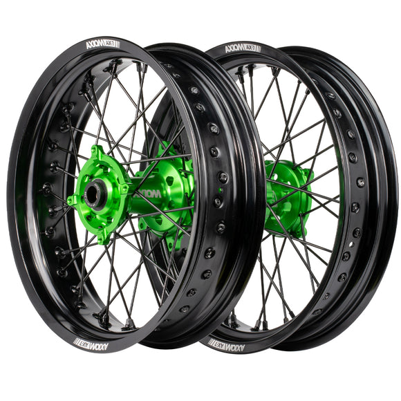 Axiom Kawasaki KLX450 Black Rim / Green Hub / Black Spokes / Black Nipples 17x3.5/17x4.25 Supermoto Wheels