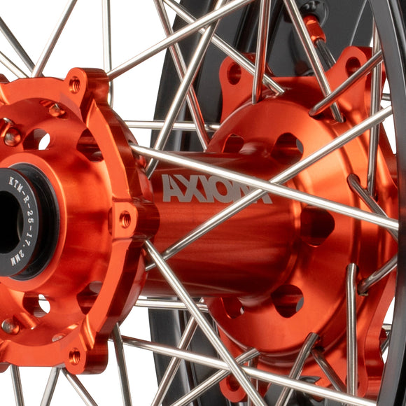 Axiom KTM / Husqvarna / Gas Gas 2003-24 Black Rim / Orange Hub / Orange Nipples 17x.3.5/17x4.25 Supermoto Wheels