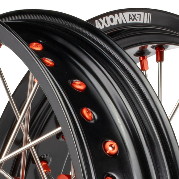 Axiom KTM / Husqvarna / Gas Gas 2003-24 Black Rim / Orange Hub / Orange Nipples 17x.3.5/17x4.25 Supermoto Wheels