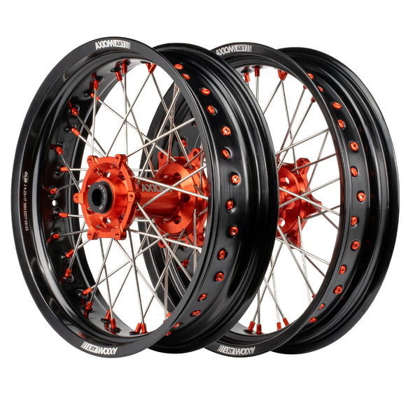 Axiom KTM / Husqvarna / Gas Gas 2003-24 Black Rim / Orange Hub / Orange Nipples 17x.3.5/17x4.25 Supermoto Wheels