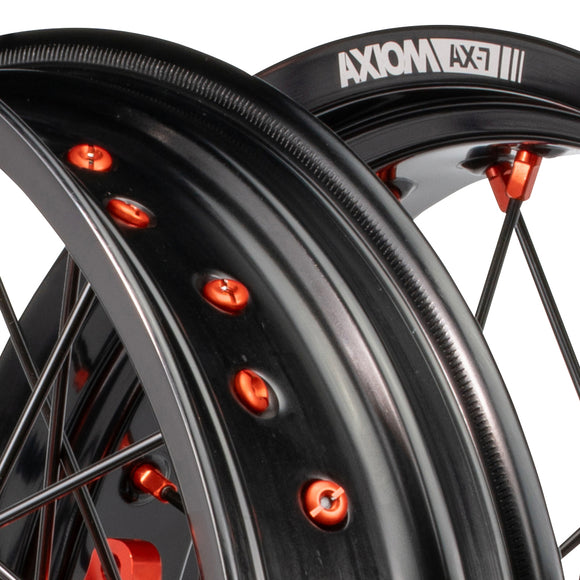 Axiom KTM / Husqvarna / Gas Gas 2003-24 Black Rim / Orange Hub / Black Spokes / Orange Nipples 17x.3.5/17x4.25 Supermoto Wheels