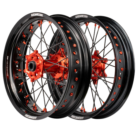 Axiom KTM / Husqvarna / GasGas "Cush Drive" Black Rim / Orange Hub / Black Spokes / Orange Nipples 17x.3.5/17x4.25 Supermoto Wheels