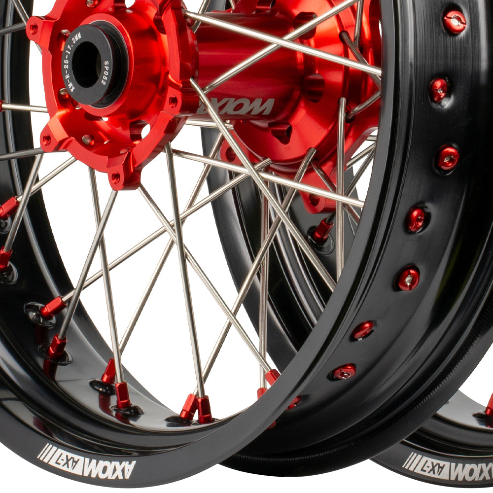 Axiom Honda CRF250-450X 04-17 Black Rim / Red Hub / Red NIpples 17x3.5/4.25 Supermoto Wheels
