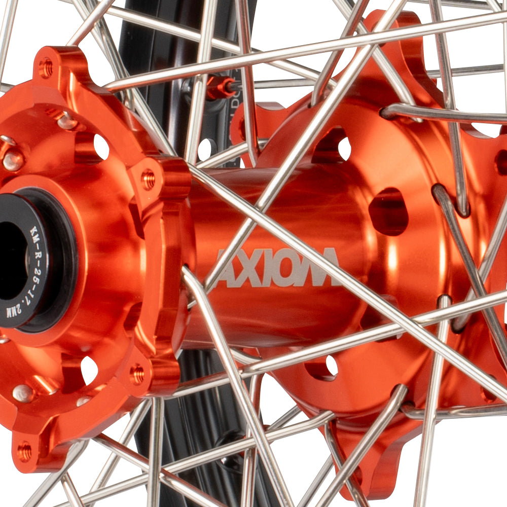 Axiom KTM / Husqvarna / Gas Gas 2003-24 Black Rim / Orange Hub / Orange Nipples 21x1.6/19x2.15 Complete Wheel Set