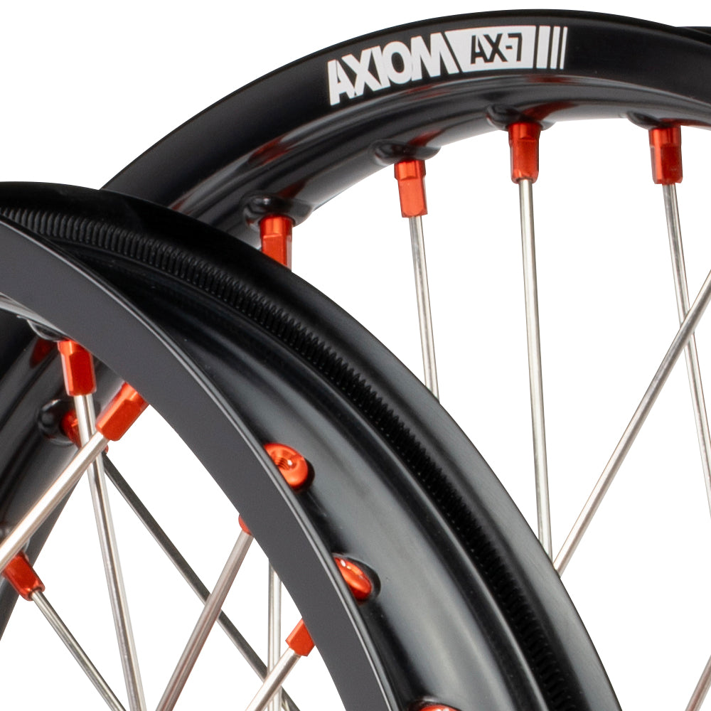 Axiom KTM / Husqvarna / Gas Gas 2003-24 Black Rim / Orange Hub / Orange Nipples 21x1.6/19x2.15 Complete Wheel Set