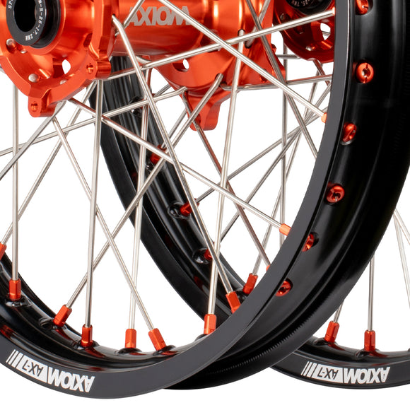 Axiom KTM / Husqvarna / Gas Gas 2003-24 Black Rim / Orange Hub / Orange Nipples 21x1.6/18x2.15 Complete Wheel Set