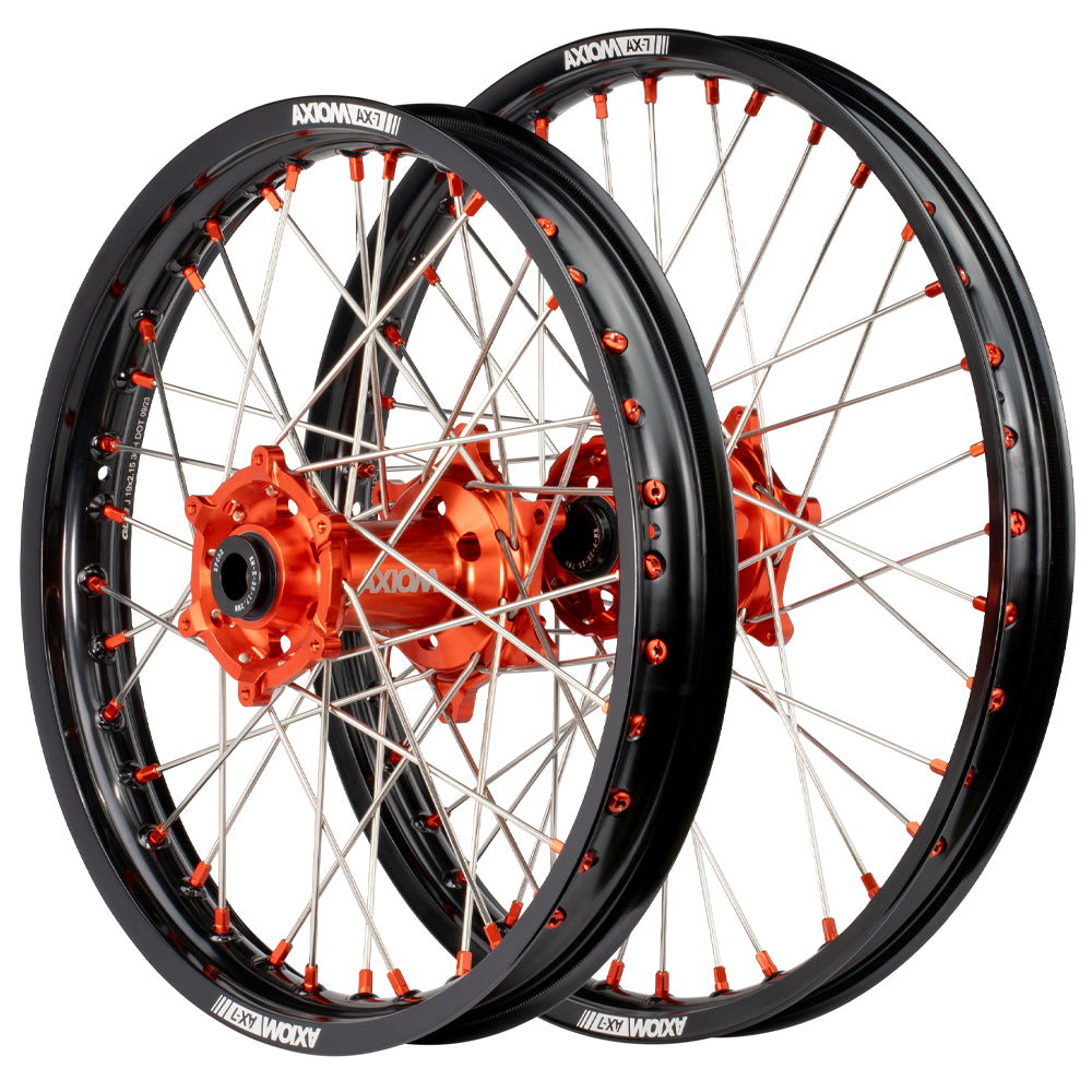 Axiom KTM / Husqvarna / Gas Gas 2003-24 Black Rim / Orange Hub / Orange Nipples 21x1.6/19x2.15 Complete Wheel Set