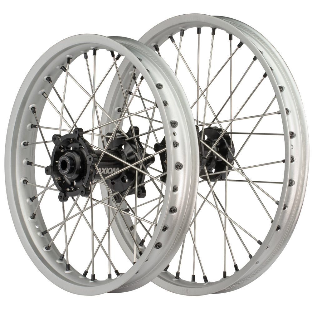 Axiom KTM / Husqvarna / Gas Gas 2003-24 Silver Rim / Black Hub / Black Nipples 21x1.6/19x2.15 Complete Wheel Set