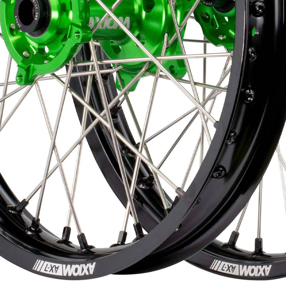 Axiom Kawasaki KX-KXF 2006-24 Black Rim / Green Hub / Black Nipples 21x1.6/19x2.15 Complete Wheel Set