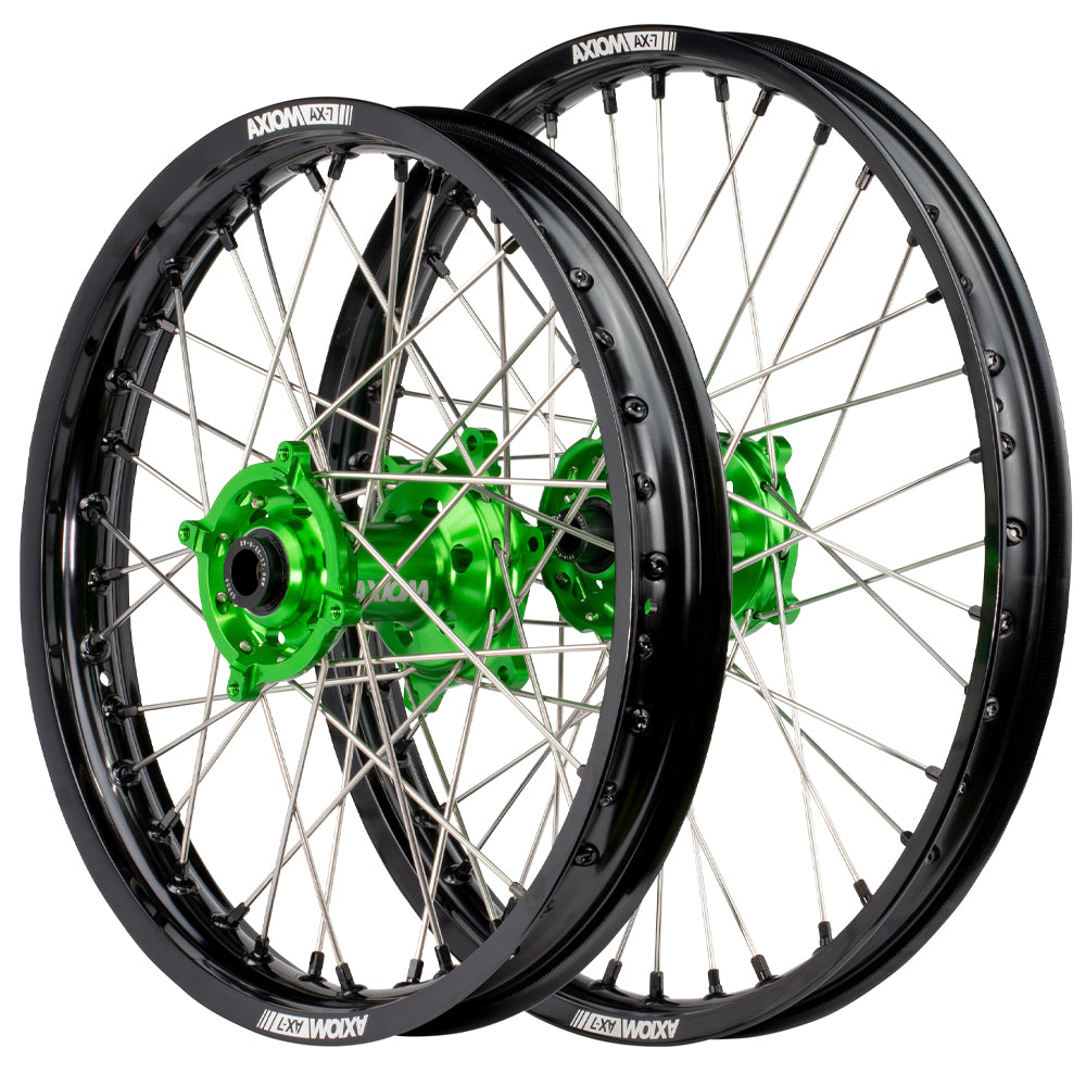 Axiom Kawasaki KX-KXF 2006-24 Black Rim / Green Hub / Black Nipples 21x1.6/19x2.15 Complete Wheel Set