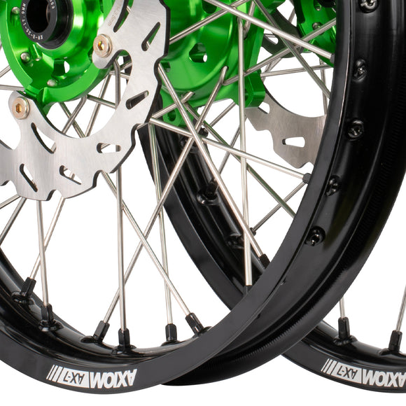 Axiom Kawasaki KX250F 2021-24 Black Rim / Green Hub / Black Nipples 21x1.6/19x2.15 Wheel Set with Discs