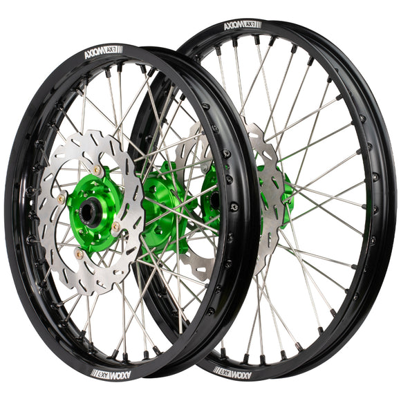 Axiom Kawasaki KLX450 2007-24 Black Rim / Green Hub / Black Nipples 21x1.6/18x2.15 Wheel Set with Discs