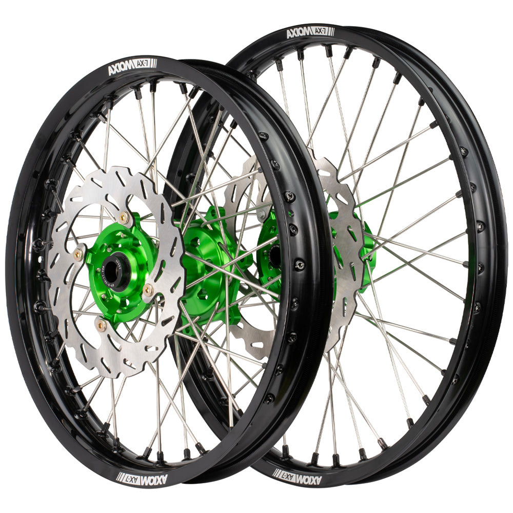 Axiom Kawasaki KX250F 2020 / KX450F 2019-24 Black Rim / Green Hub / Black Nipples 21x1.6/19x2.15 Wheel Set with Discs